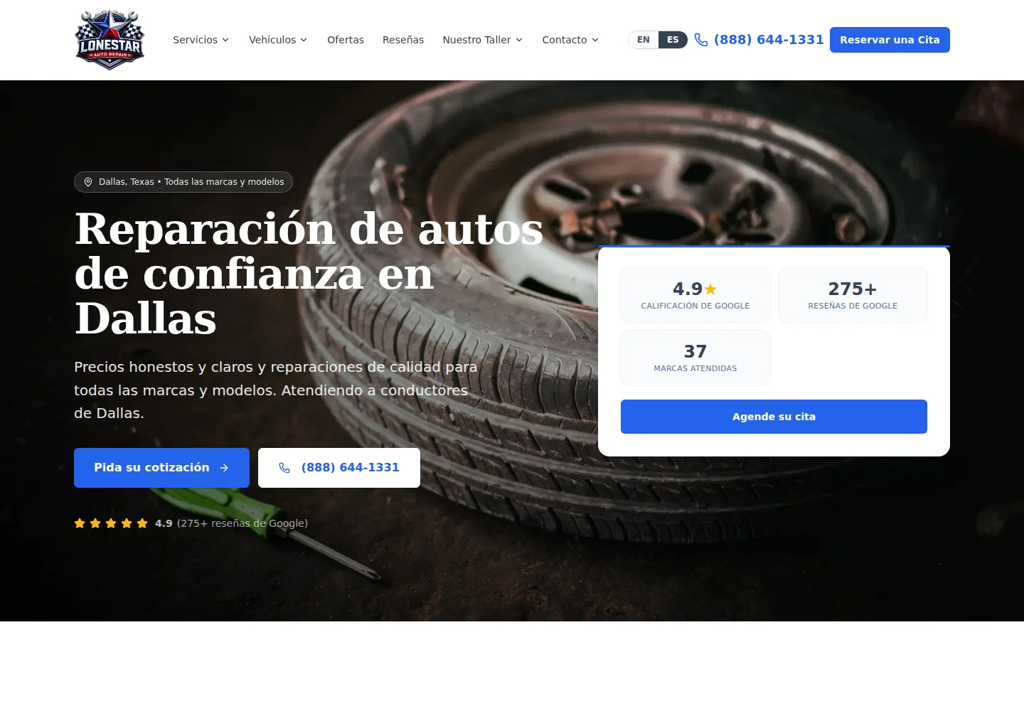 El sitio demo de Lone Star Auto Repair, en vivo en computadora y celular