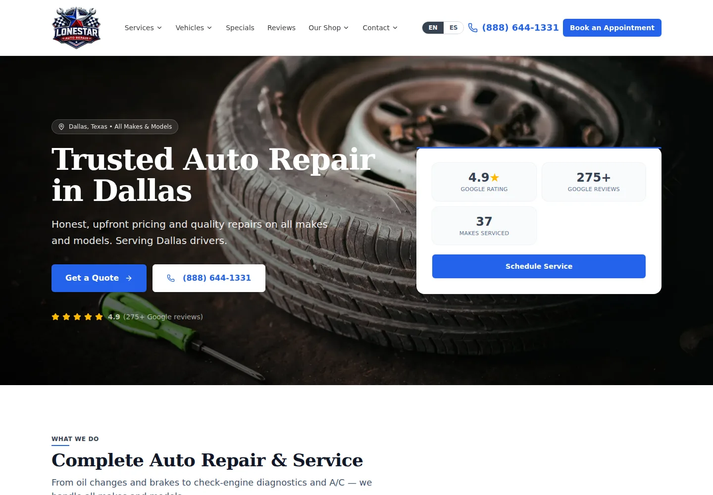 The Lone Star Auto Repair demo site, live on desktop and phone